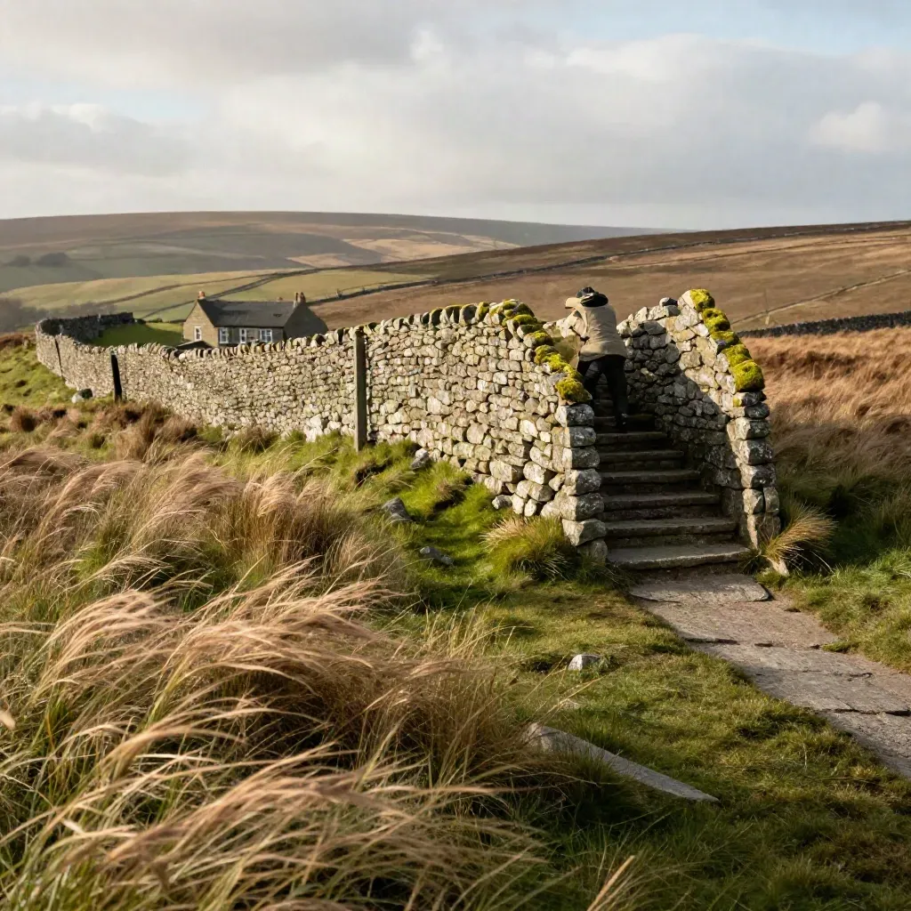 Windy hill path with a stone stile, dry-stone wall, and distant pub roof under racing clouds.