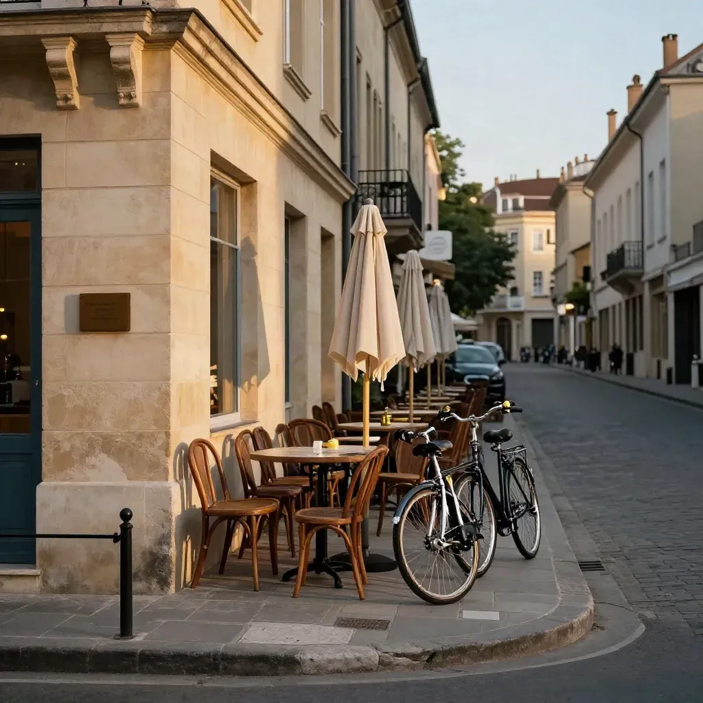 Georgian Bath street corner with café terrace, bicycles, and limestone façades in warm afternoon light.