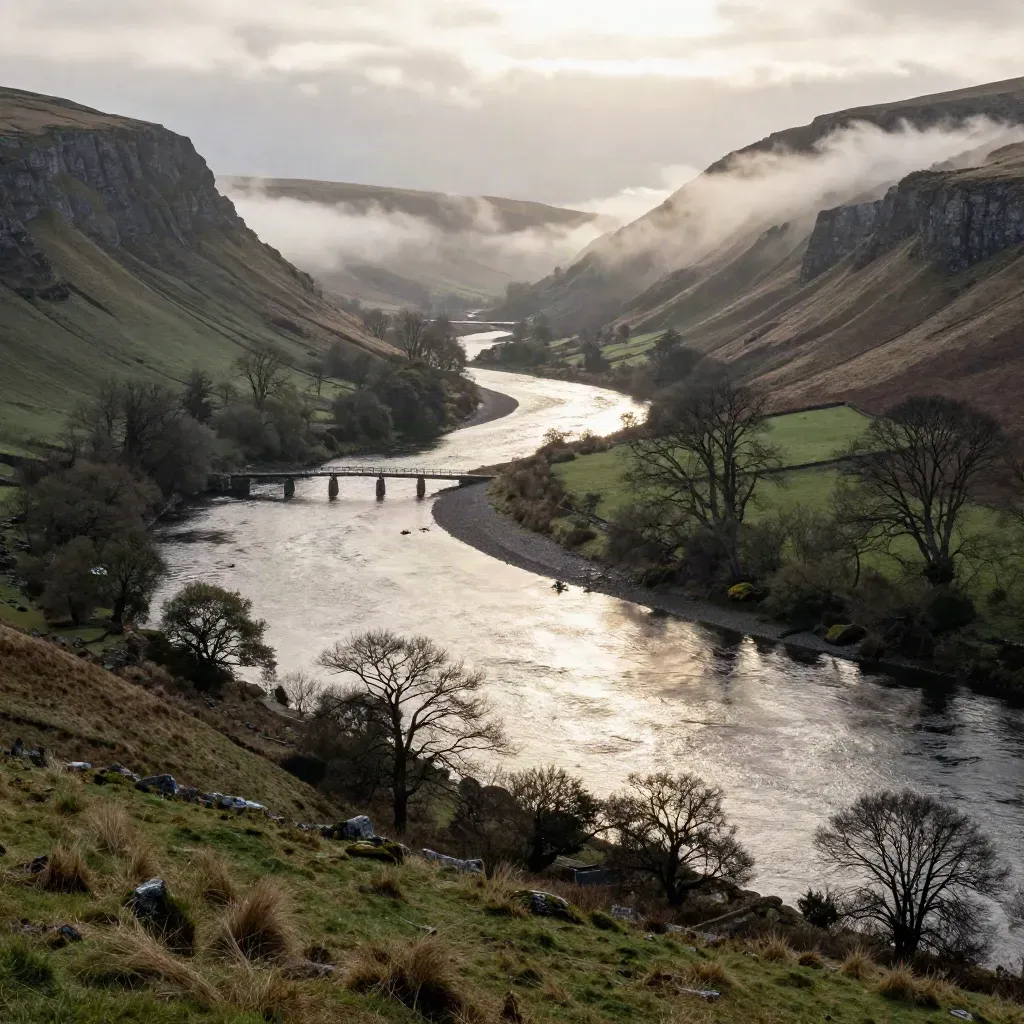 Rainlit Wye Valley bend with wooded cliffs, a footbridge, and mist lifting after sunbreak.