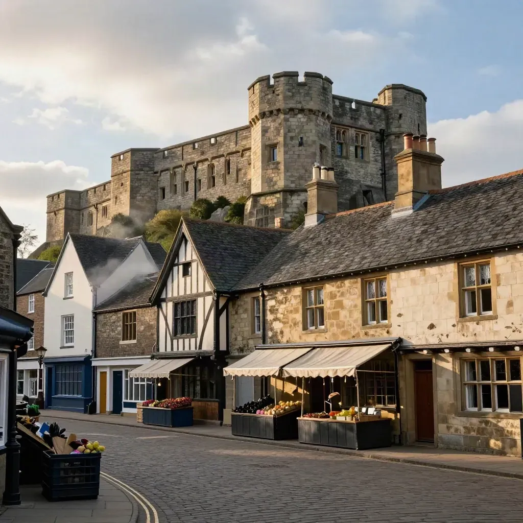 Low-angle Ludlow Castle above timbered market square roofs and stalls in late-afternoon light.