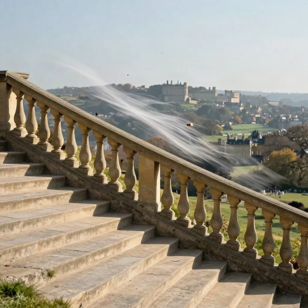 Stone balustrade above Bath with clouds sweeping across the valley
