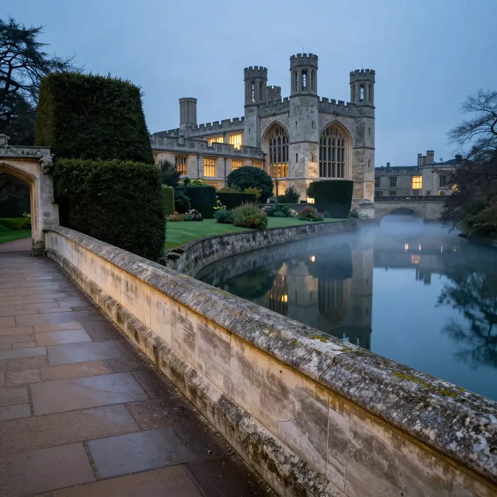 Blue-hour moat view with bridge, clipped garden and misty palace reflections.