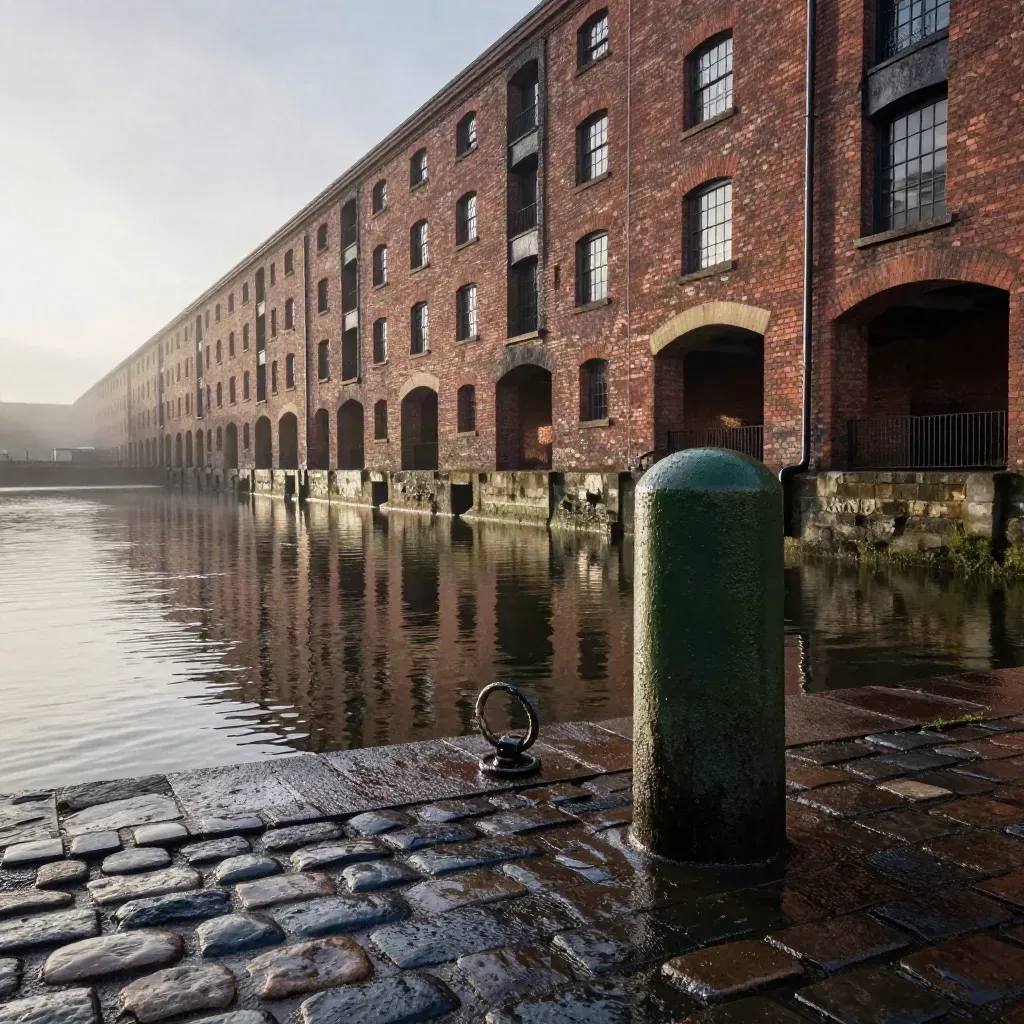 Wet Gloucester Docks warehouses reflected in still canal water after rain