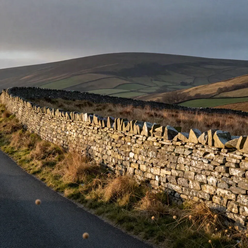 Stone wall on Brecon Beacons outskirts at sunset with hills in haze