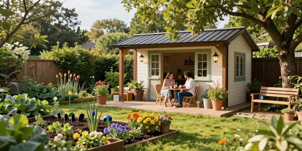 Ein Garten Haus umgeben von blühenden Pflanzen, ein Paar entspannt auf der Terrasse.