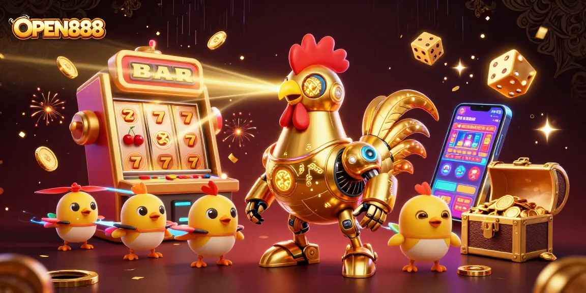 Win big with OPEN888 at the colorful casino games illustrated with a futuristic twist.