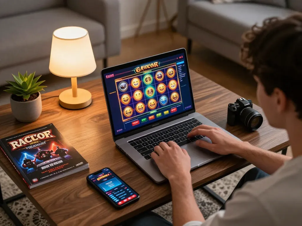 Engaging in slot gacor gameplay from a cozy home setup with a laptop and betting app.