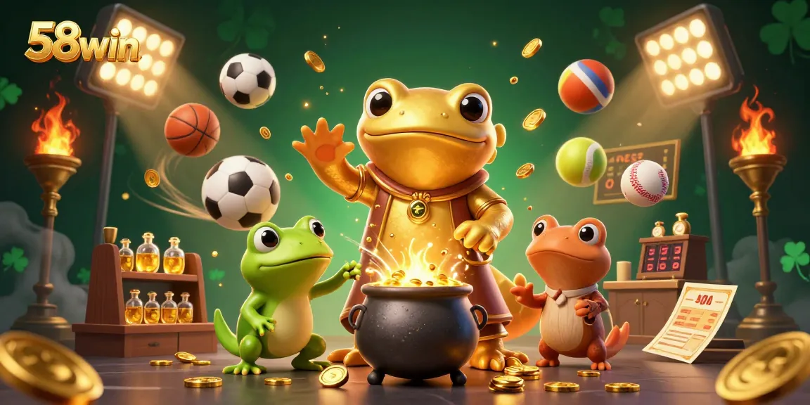 Engage in dynamic sports betting with 58win, featuring a lively scene of gold with sports elements.