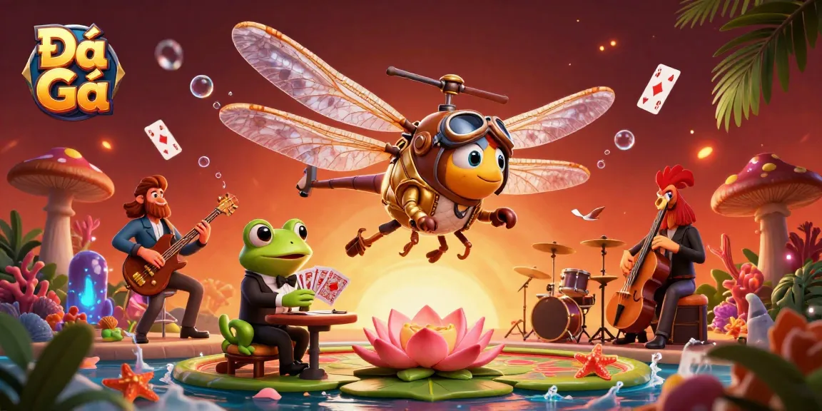Engage in Đá Gà with a vibrant casino scene featuring a dragonfly pilot, frog croupier, and lively jazz musicians.