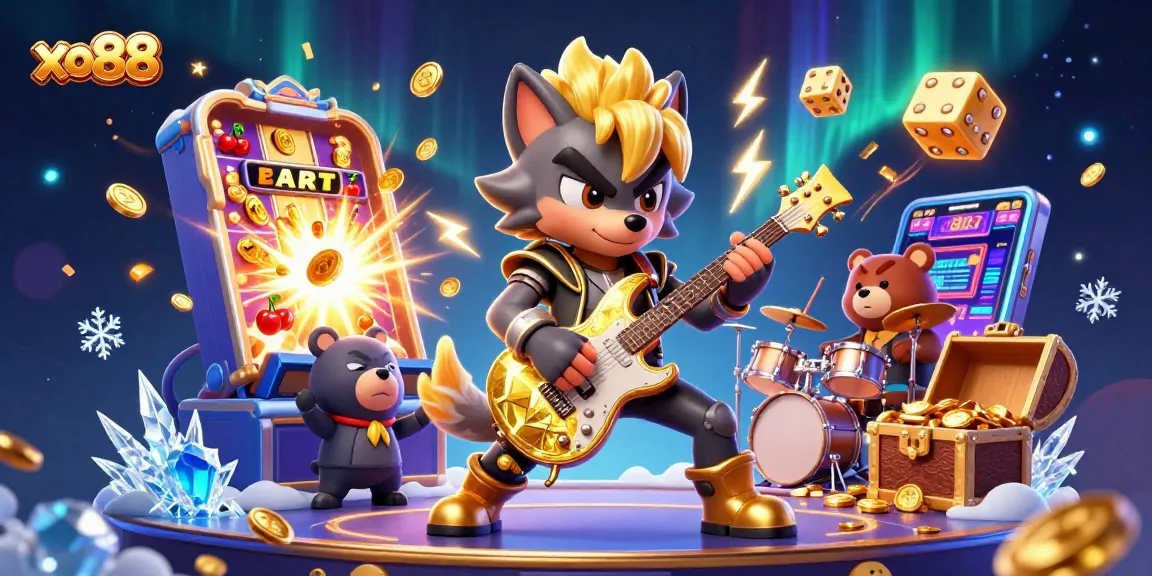 Experience the dynamic action of xo88 with a cartoon wolf playing guitar and exciting casino elements.