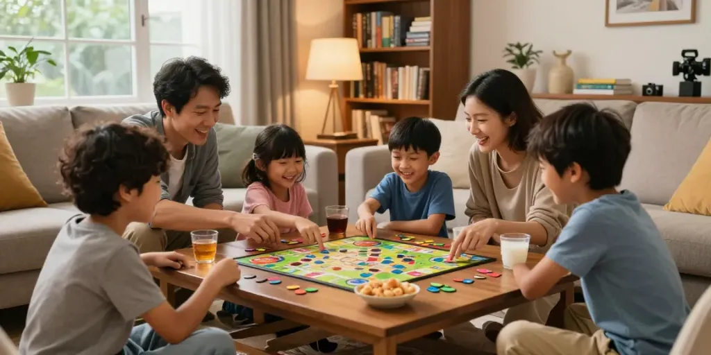 Cialis-inspired game night with family enjoying board games in a cozy living room.