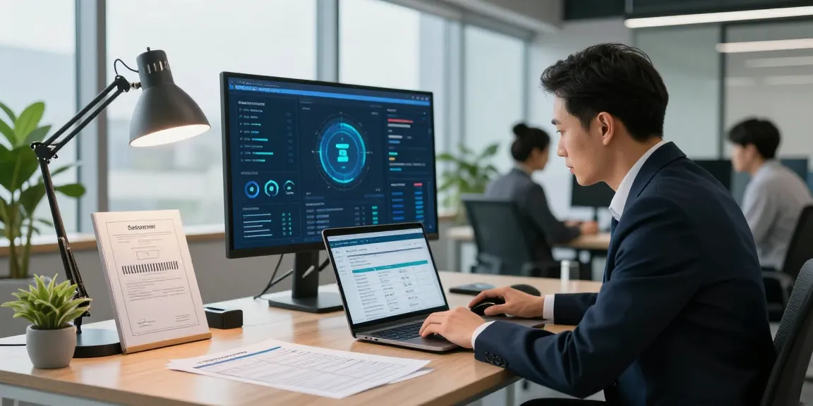 Cyber essentials assessor evaluating digital reports in a modern office setting, showcasing collaboration and professionalism.