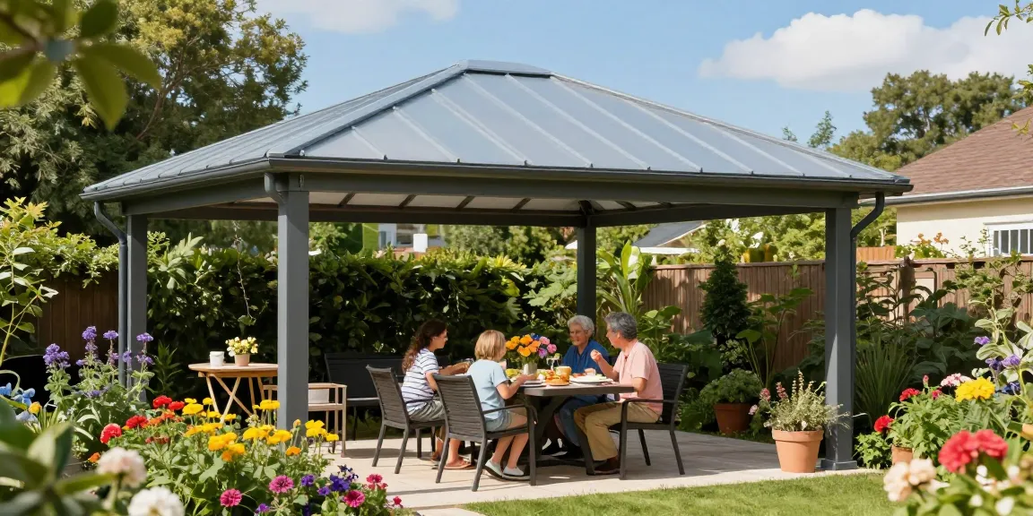 Moderne Terrassenüberdachung aus Aluminium, die eine Familie darunter geschützt beim Essen zeigt.