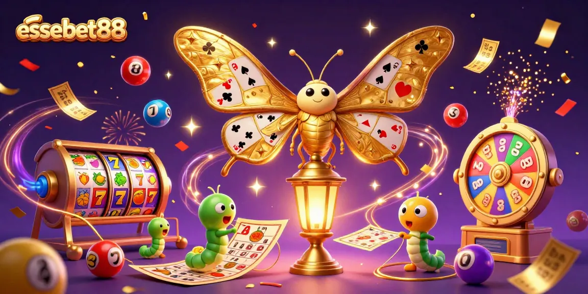 Experience the excitement of gambling with essebet88; vibrant visuals of a golden atlas moth amidst dynamic casino elements.