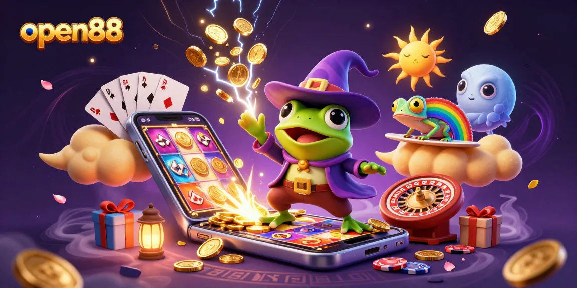 Experience gaming excitement with open88 as characters create golden coin storms in a vibrant 3D casino.