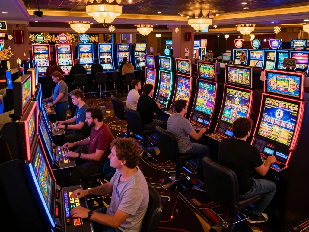Pemain yang terlibat di mesin slot berwarna-warni yang menunjukkan kegembiraan pengalaman bermain aneka4d