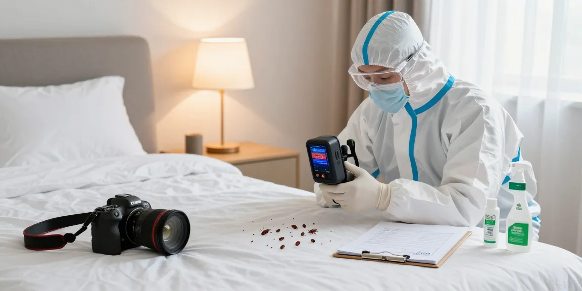 Bed bug exterminator using advanced detection technology in a cozy bedroom, ensuring effective pest control.