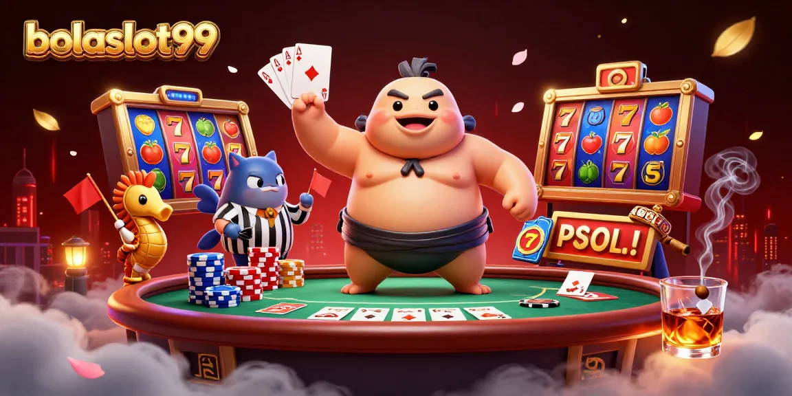 Bolaslot99 showcases a spirited underwater poker game scene with animated characters and vibrant casino elements.