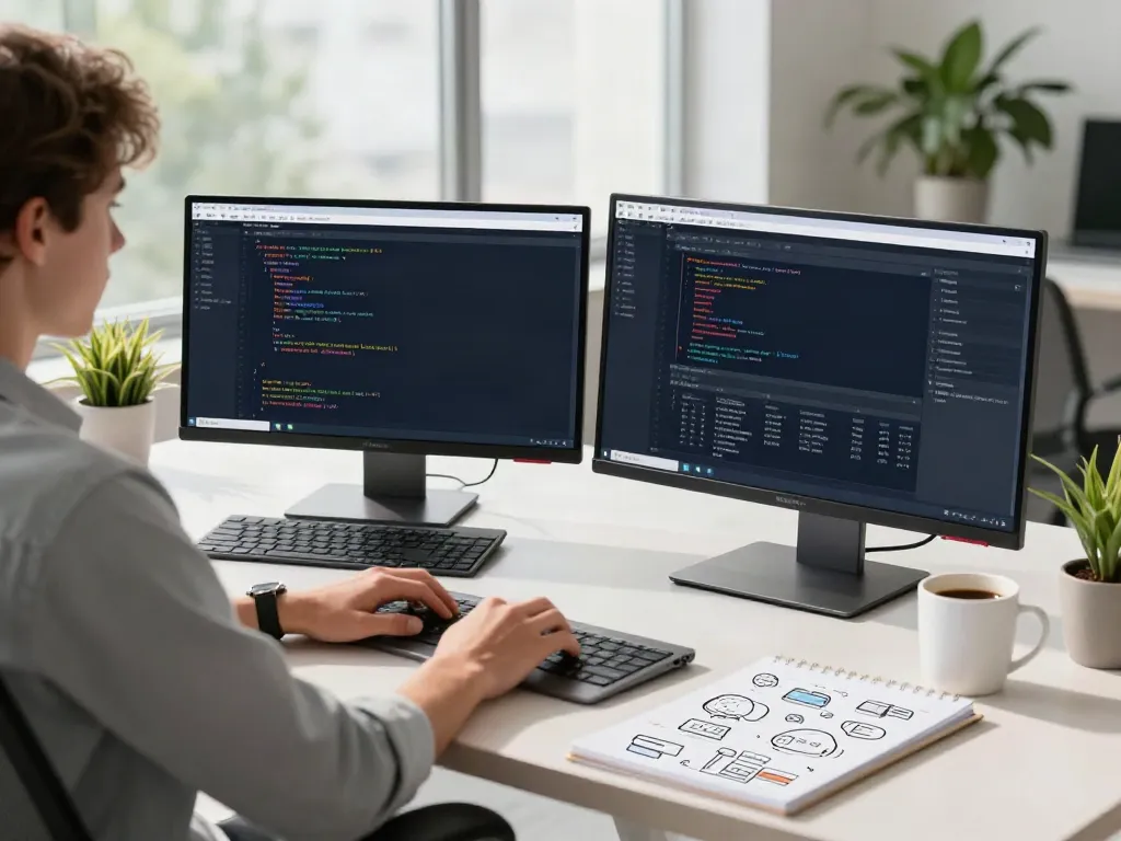 Young professional using the brave浏览器 in a modern tech workspace.