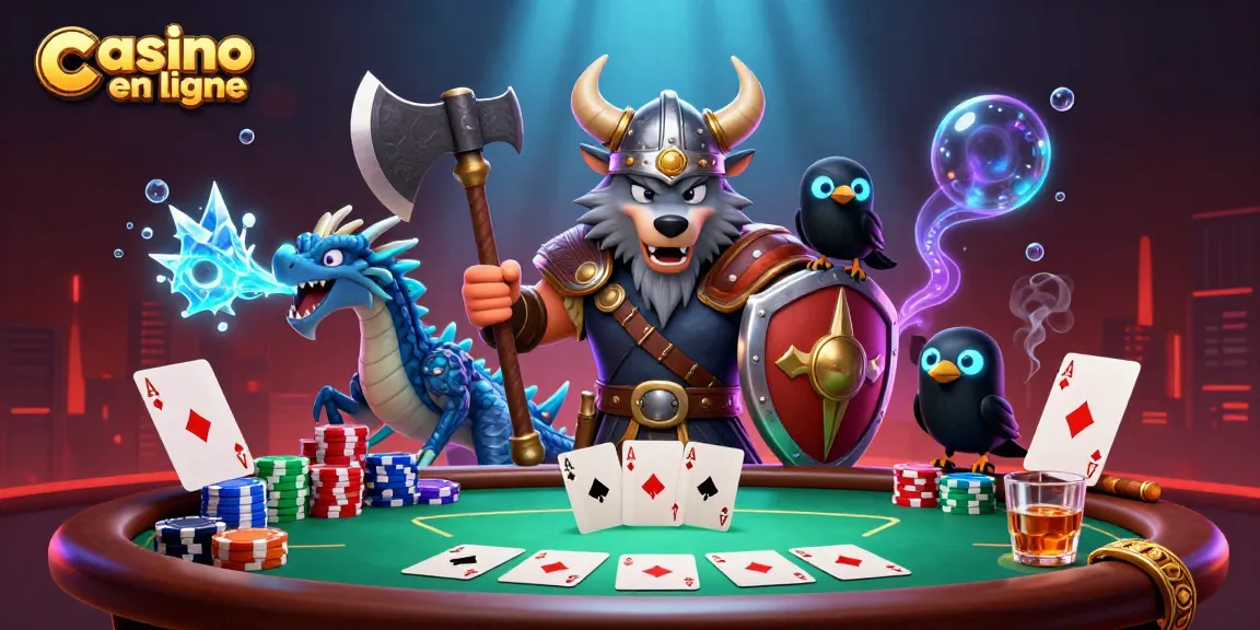 Découvrez un casino en ligne dynamique avec un loup viking et un dragon dans une partie de poker illustrée.