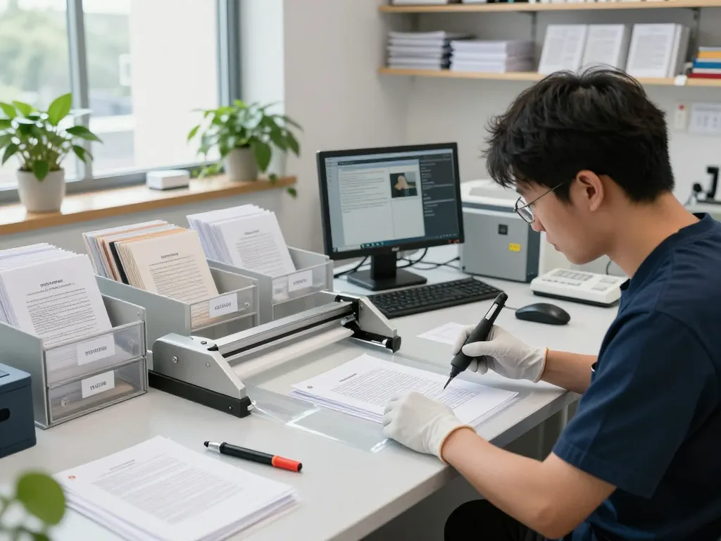 bóc ép plastic tại hà nội - technician expertly restoring documents by carefully removing plastic lamination in a bright workshop