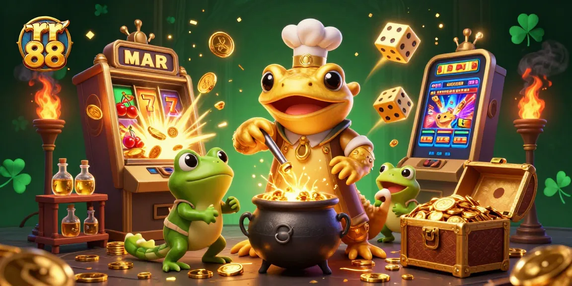 Experience rr 88 with a vibrant 3D illustration of gold-crafting characters amidst thrilling casino elements.