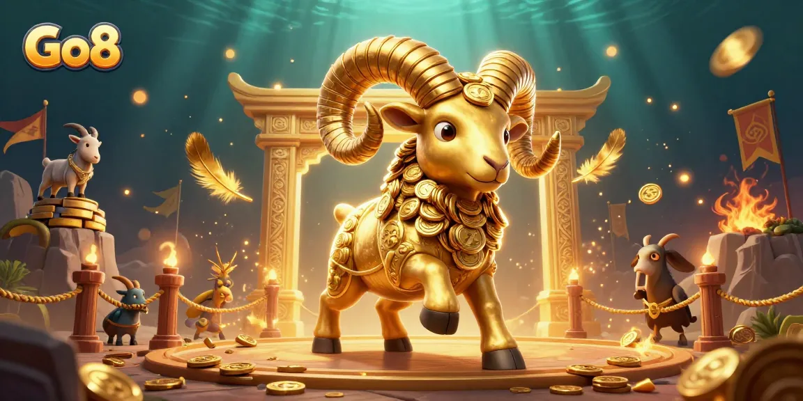 Experience the thrill at Go8 with a 3D illustration of a golden ram charging through a vibrant casino scene.