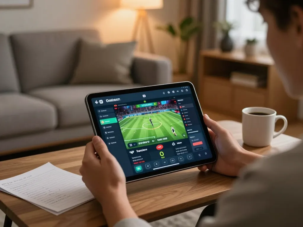 Persona che utilizza un tablet per scommettere online su siti non AAMS, mostrando un'app di scommesse con un'atmosfera domestica accogliente
