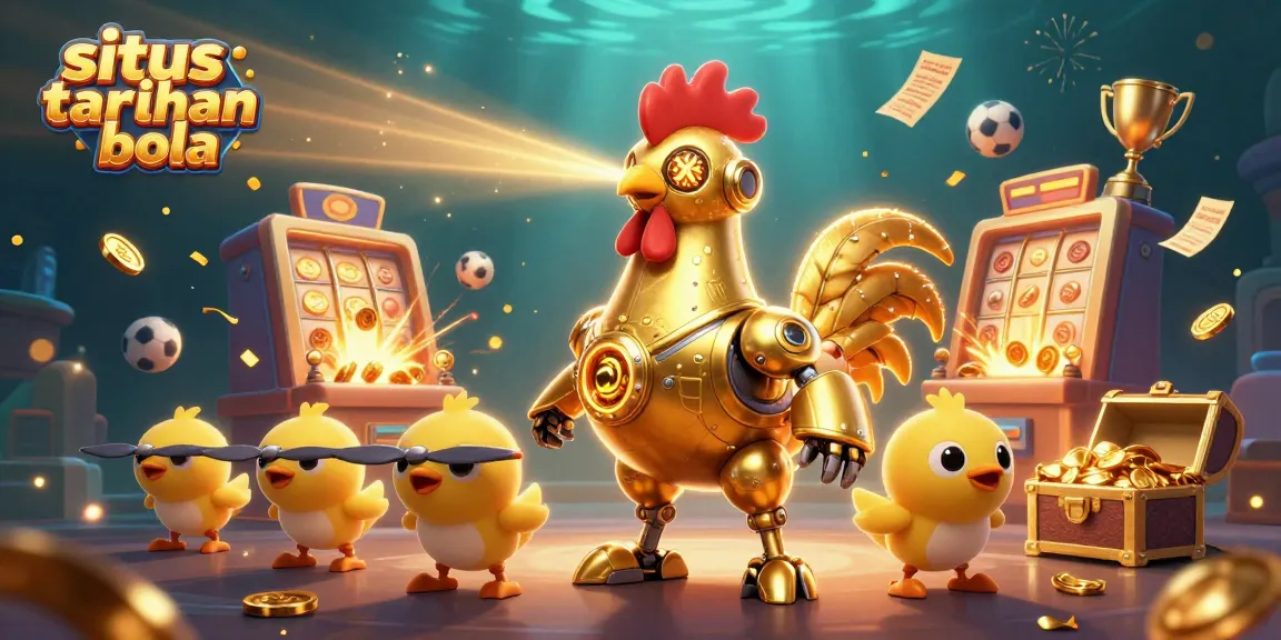 Situs taruhan bola action-packed scene with golden rooster robot, sports elements, and vibrant casino graphics