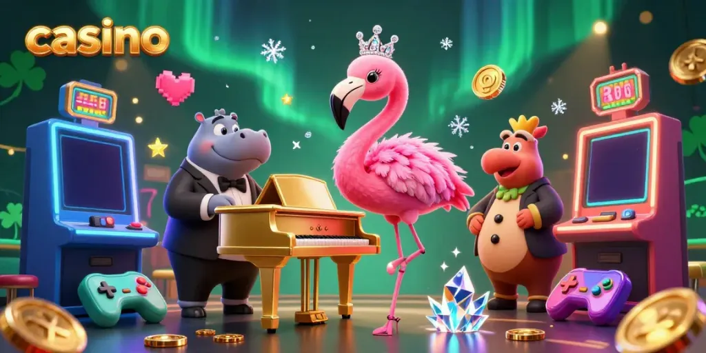 Experience a vibrant casino atmosphere with flamingo singer and hippo bassist entertaining guests amidst colorful gaming machines.