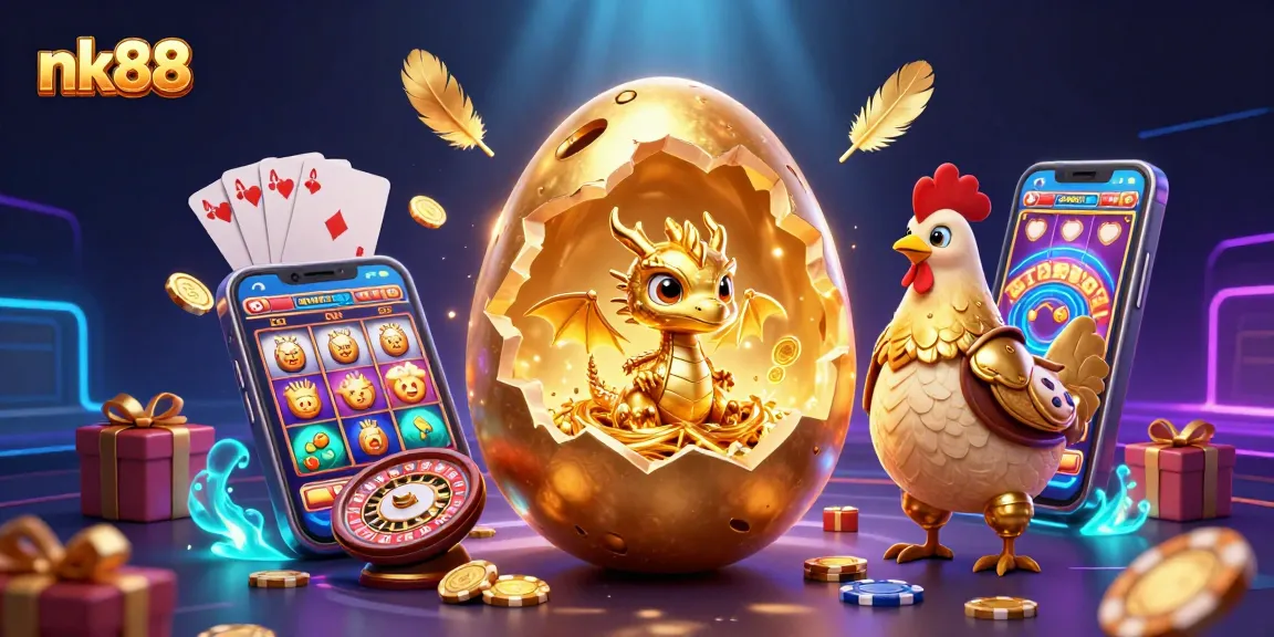Win big at nk88 with this vibrant 3D illustration showcasing a golden dragon, poker chips, and slot games.
