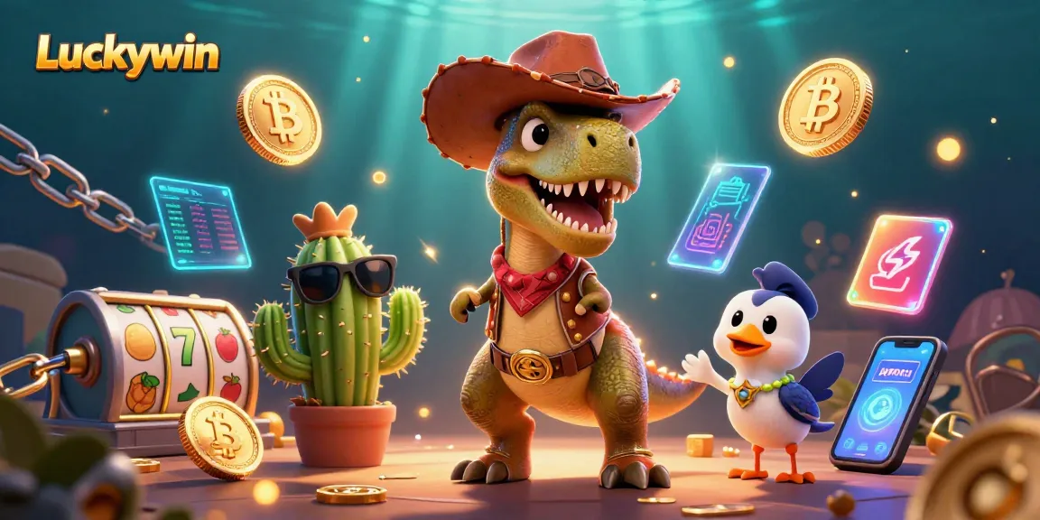 Luckywin encourages gameplay excitement with vibrant characters and slot elements in a dynamic 3D casino scene.