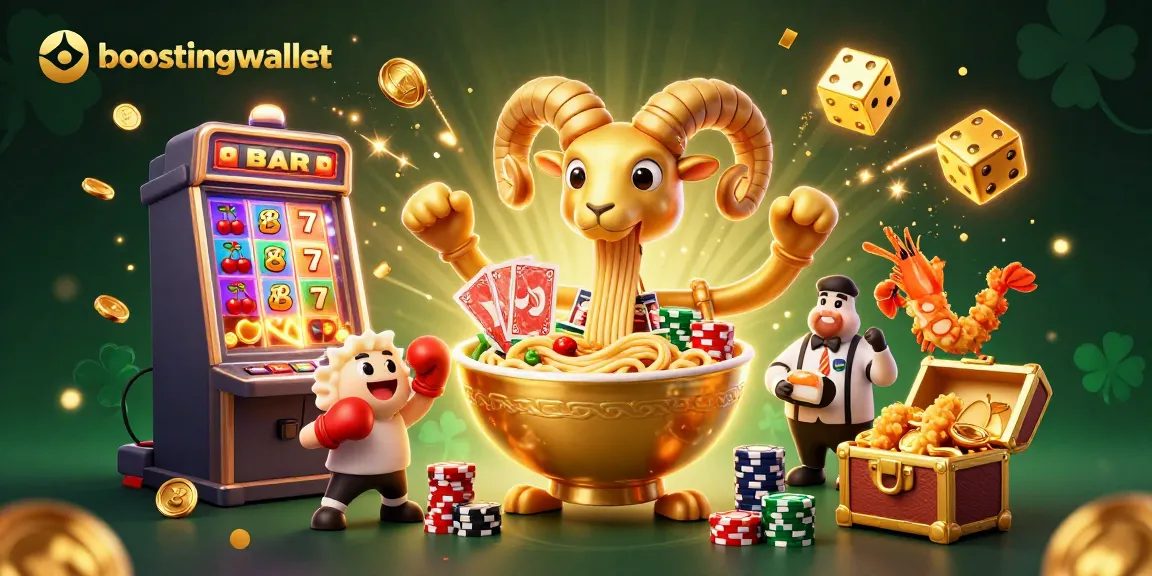 Boostingwallet presents an energetic casino scene with a golden ramen bowl and vibrant elements.