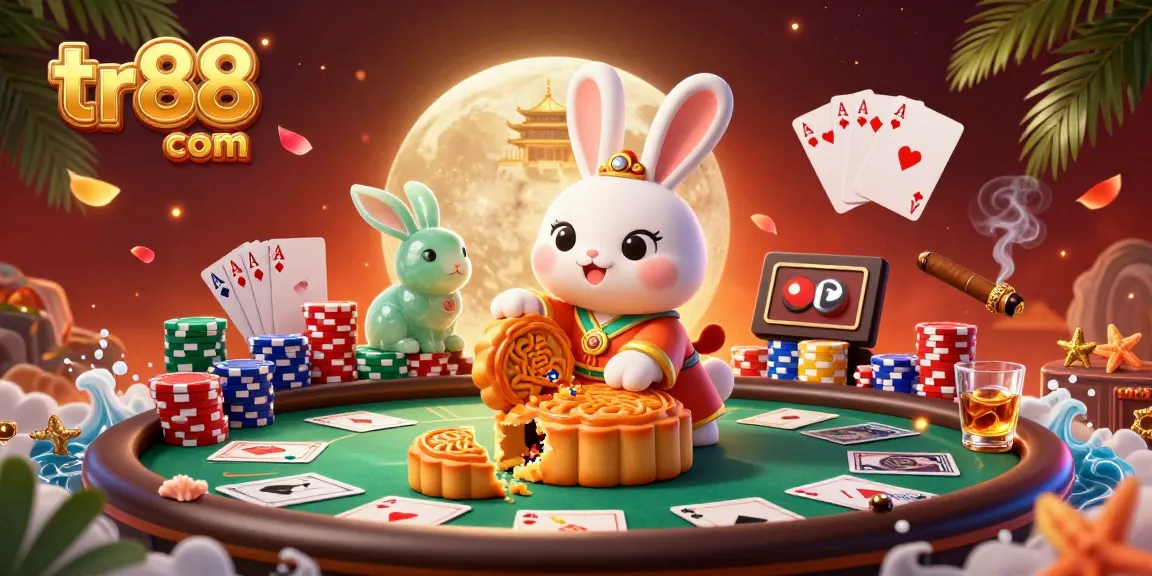 Play exciting games at tr88 com featuring the moon rabbit and poker details in a vibrant casino illustration.
