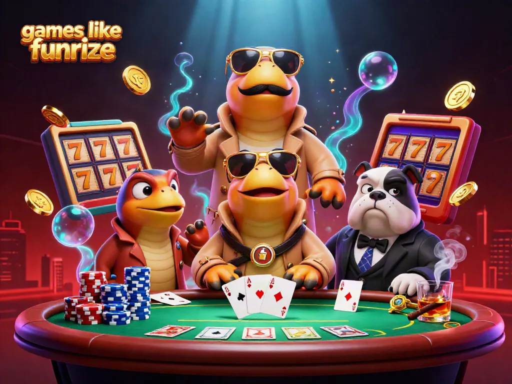 Engage in thrilling games like Funrize with imaginative raptor characters at a vibrant casino scene.