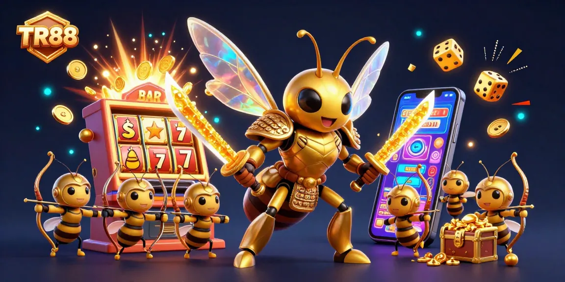 Experience thrilling casino action at TR88 with a vibrant 3D illustration of a golden hornet warrior amid a jackpot explosion.