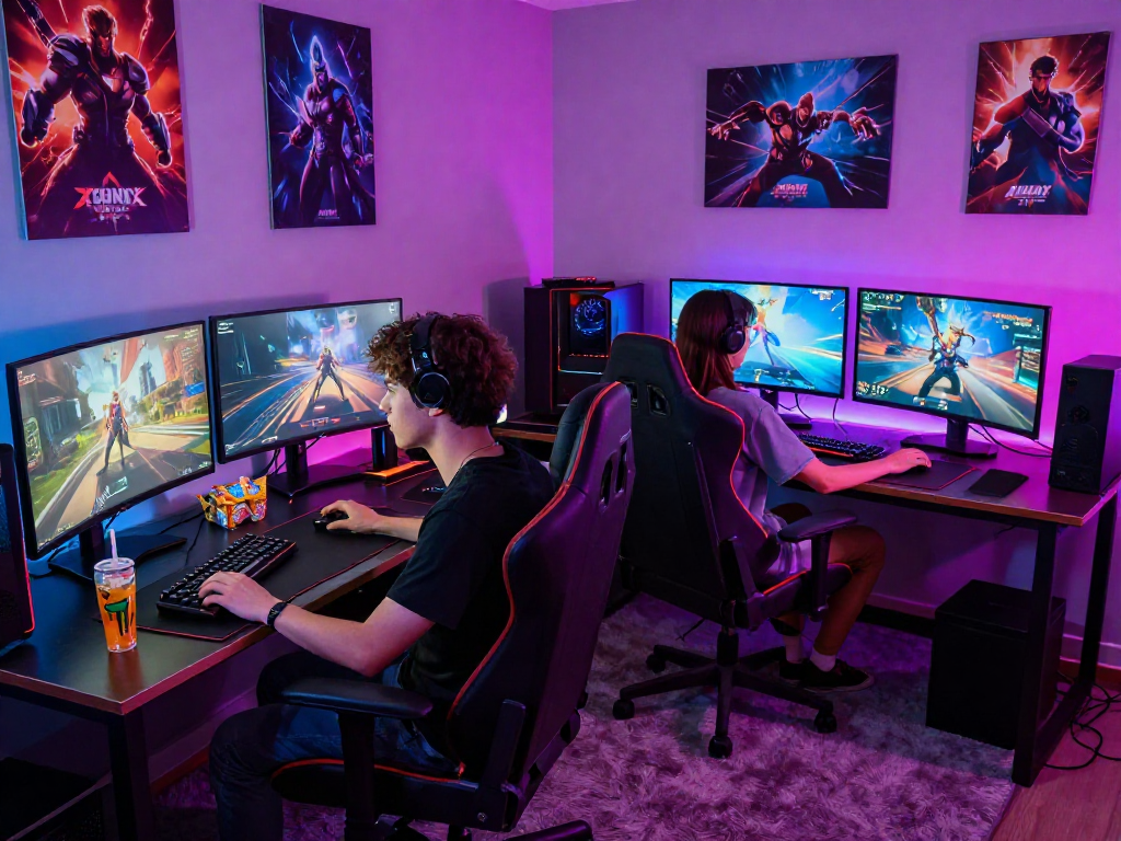 Engaged gamers enjoying porngames in a vibrant gaming room.