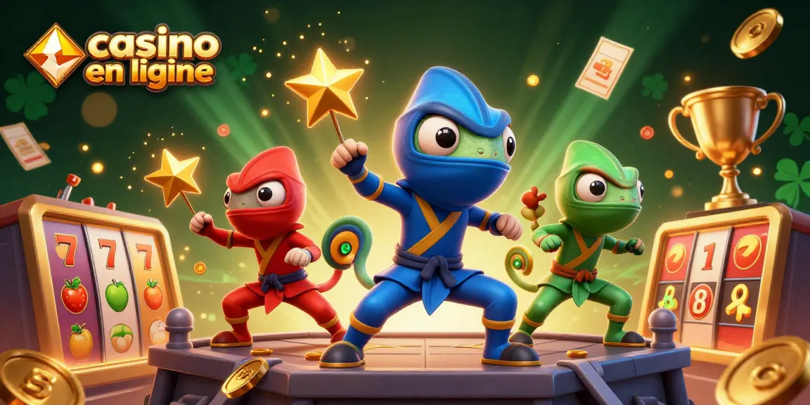 Plongez dans l'univers des casinos en ligne avec une illustration dynamique de chameaux ninjas, dés, et symboles des machines à sous.