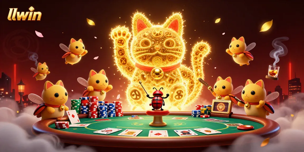 Experience the excitement at llwin with stunning casino visuals featuring a lucky cat and poker elements.