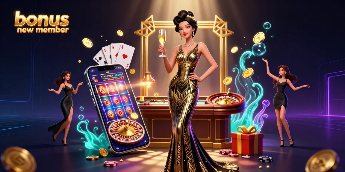 Engage with the bonus new member offer as a glamorous Asian woman celebrates at a vibrant casino.