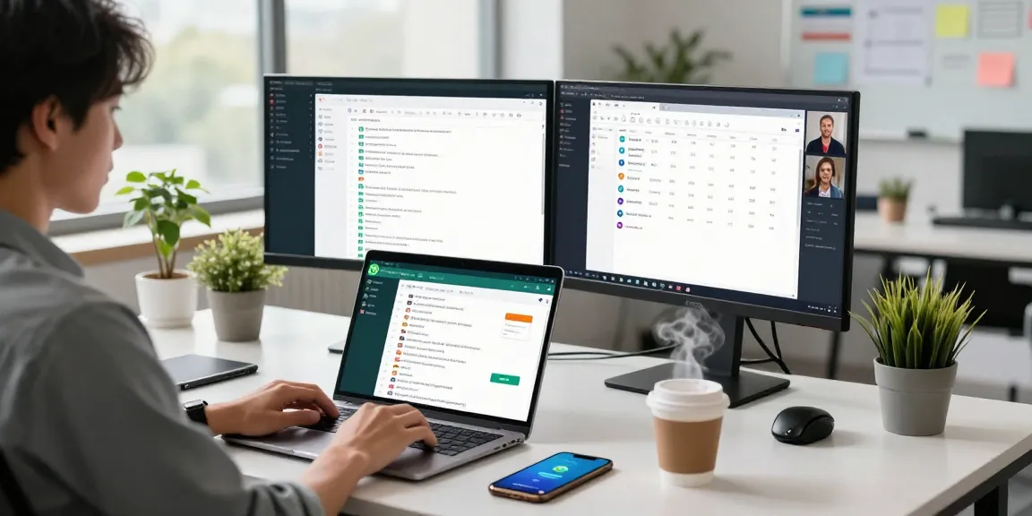 Efficient workspace featuring a user engaging with WhatsApp網頁版 across multiple screens.