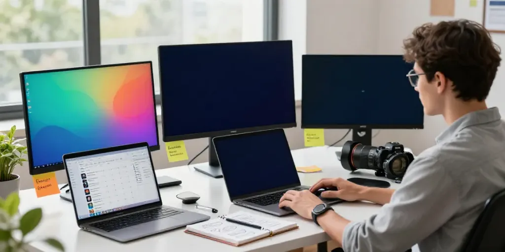 Generate Twitter posts with AI in a professional digital marketing workspace, featuring multiple monitors and creative materials.
