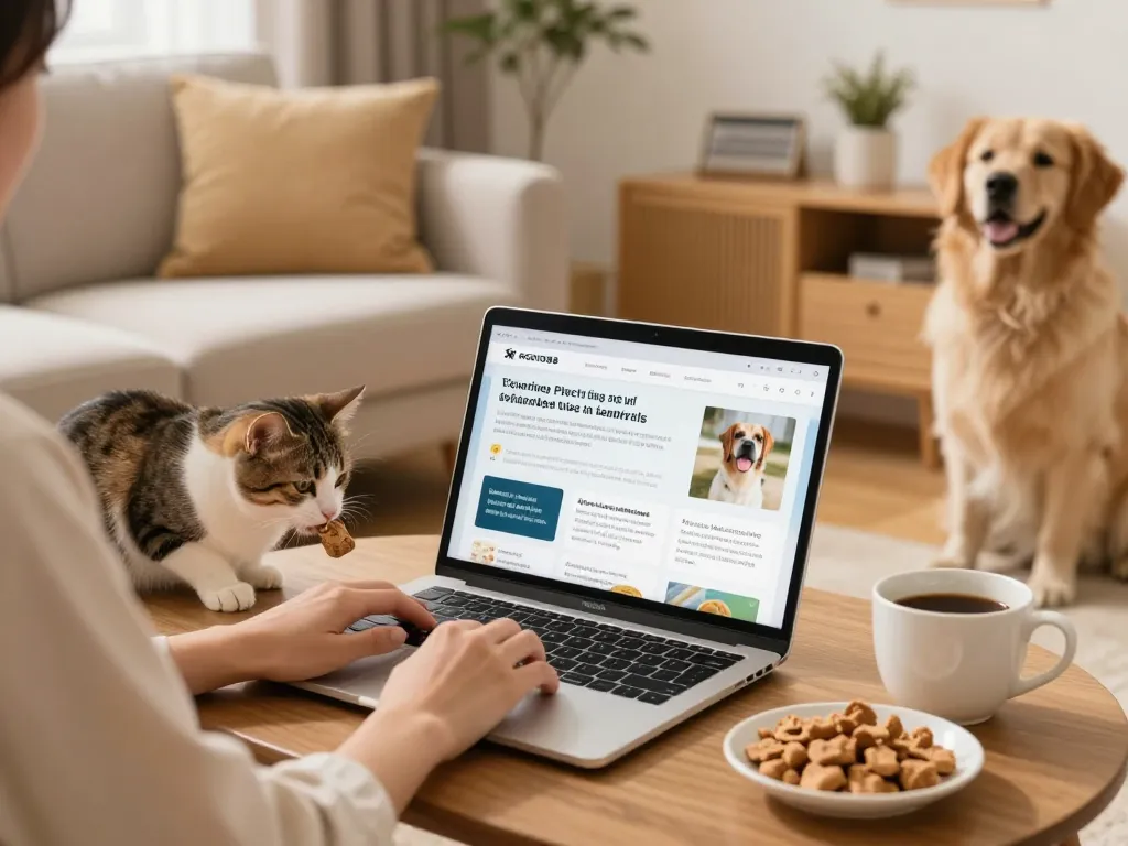 Pet owner browsing rokok88 for pet care tips in a warm and inviting environment.