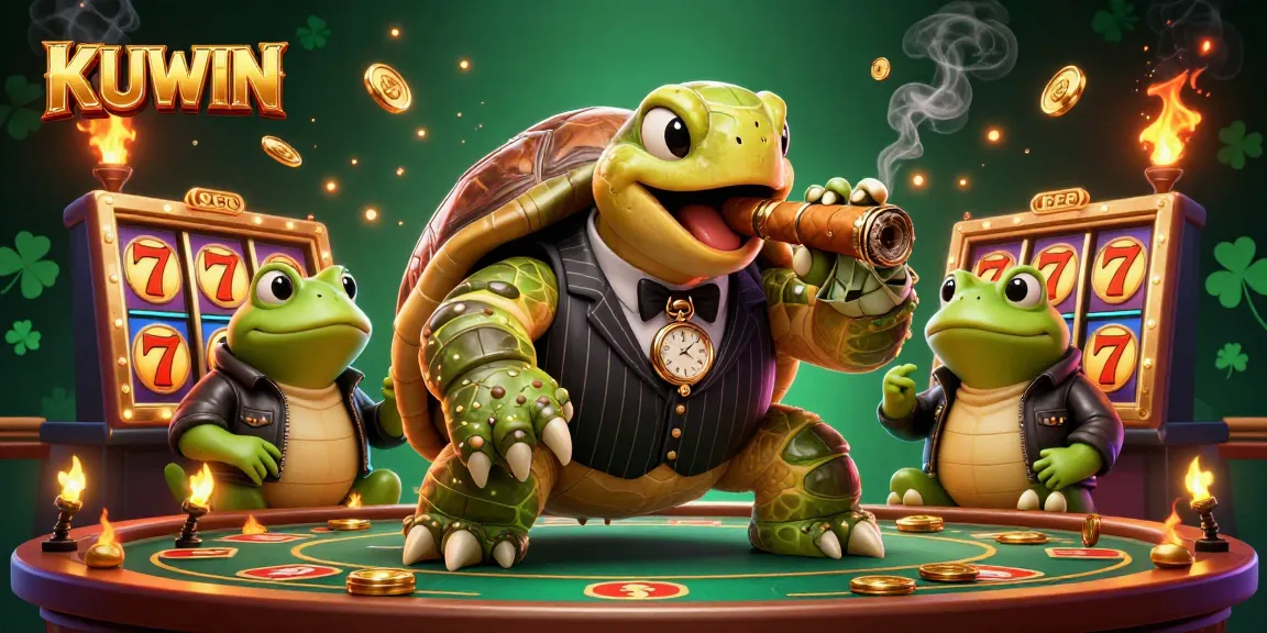 KUWIN's vibrant 3D casino illustration featuring a snapping turtle in mobster attire with slots and lucky symbols.