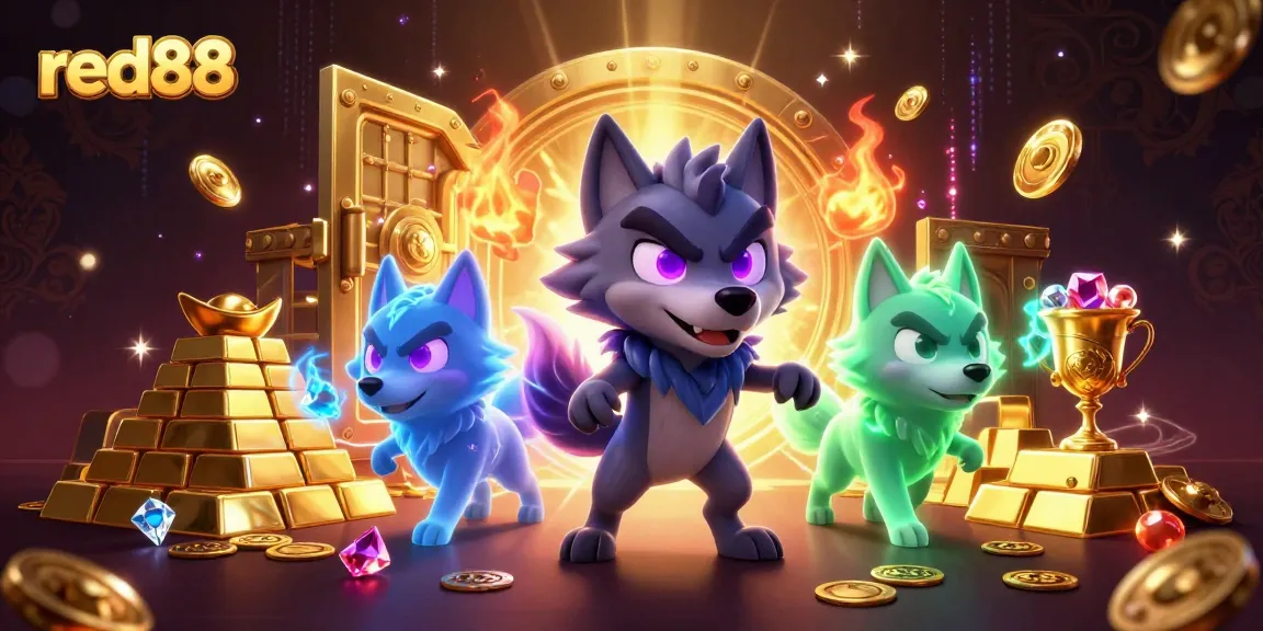 Experience the thrill at red88 with a dynamic illustration showcasing cartoon wolves and treasure galore.