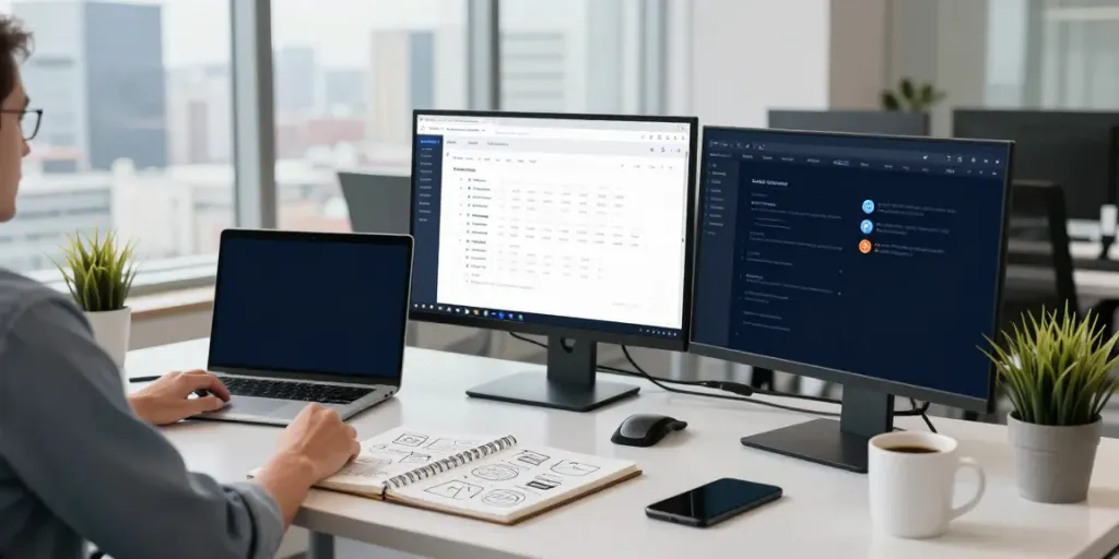 Marketer analyzing instant indexing strategies in modern workspace with multiple screens