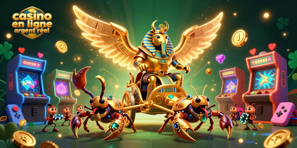 Jouez au casino en ligne argent réel avec un scarabée doré et des scorpions, scène animée immersive.