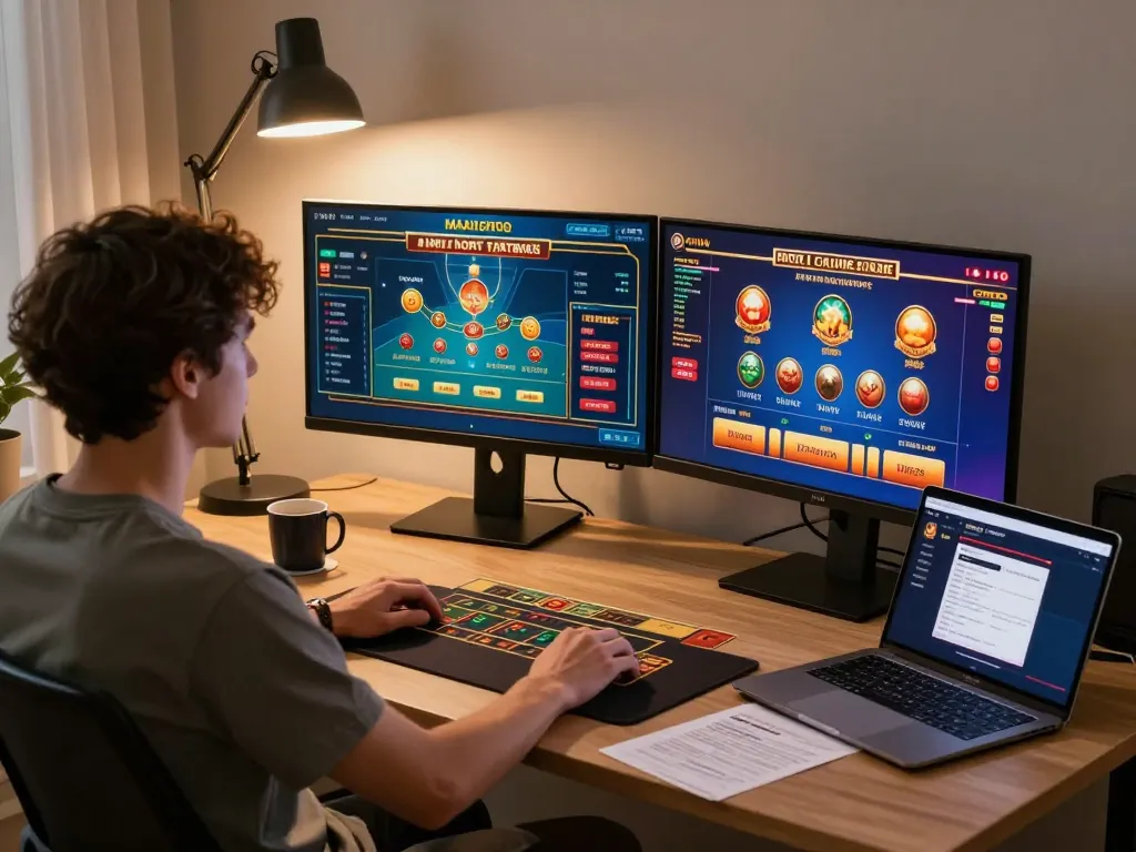 Engaged player strategizing at the best widget store while enjoying online casino games in a cozy home setting