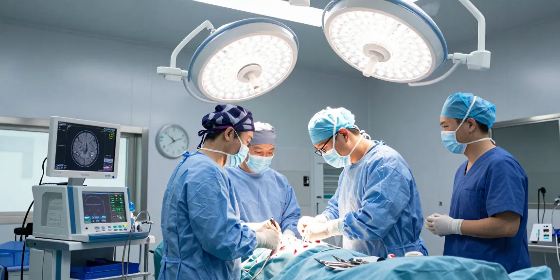 Brain tumor surgery scene; advanced medical team in action removing a brain tumor with precision.
