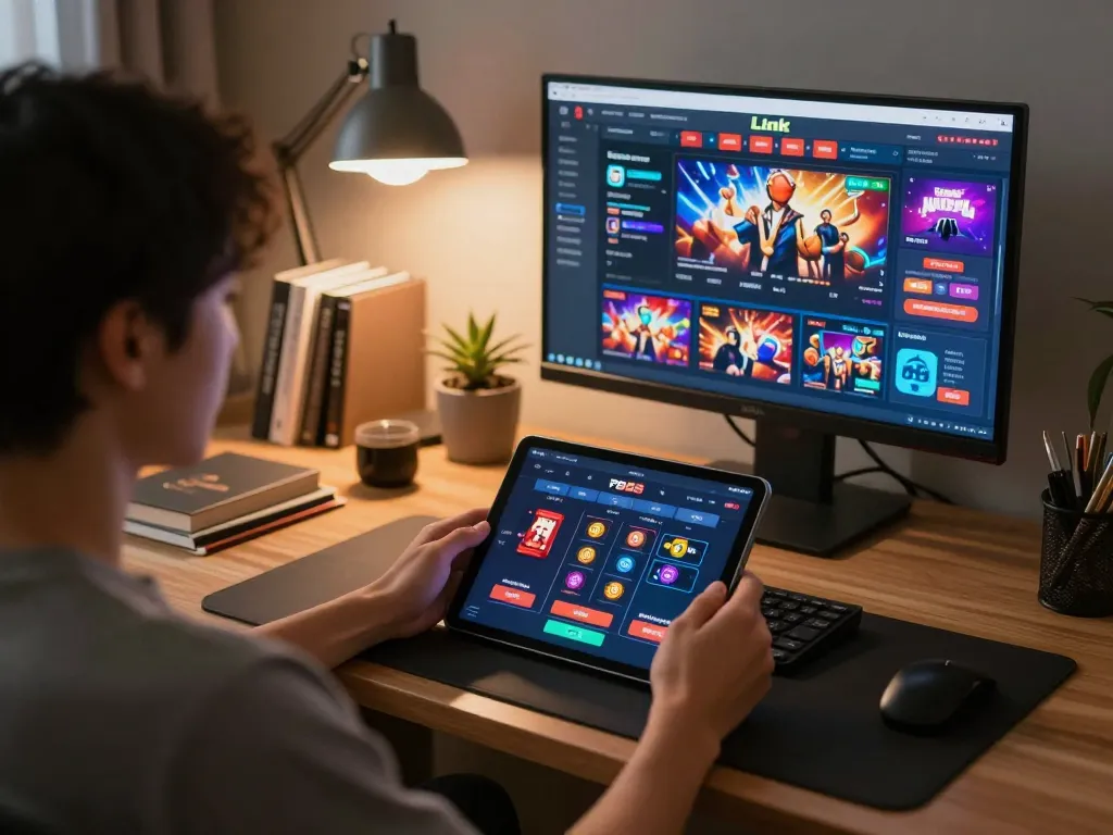 Experience the thrill of online gambling with Link FB88, showcasing dynamic betting interface in a cozy workspace